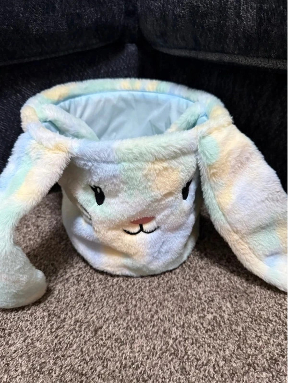 Pastel Rainbow Plush Bunny Easter Basket Floppy Ears Kids Egg Hunt Bucket